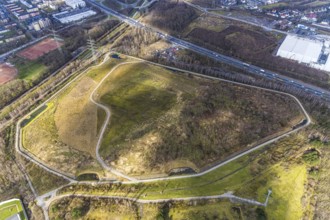 Aerial view, Pluto-Wilhelm mountain dump with Pluto observation tower, Herne, Ruhr area, North
