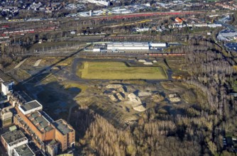 Aerial view, construction site new Stadler Schienenfahrzeuge branch, former General Blumenthal mine