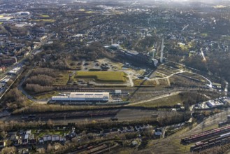 Aerial view, construction site new Stadler Schienenfahrzeuge branch, former General Blumenthal mine
