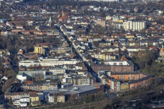 Aerial view, city view main street, Christuskirche, catholic church St. Laurentius, Wanne, Herne,