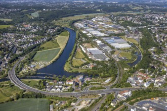 Aerial view, Ruhrbrücke Bochumer Straße, camping site Ruhrbrücke, industrial park and landscape