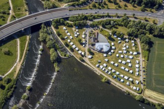 Aerial view, Ruhrbrücke Bochumer Straße, Campingplatz Ruhrbrücke, Hattingen, Ruhr area, North