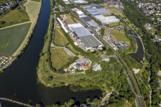 Aerial view, river Ruhr, Landhaus Grum, industrial park and landscape park Henrichshütte,