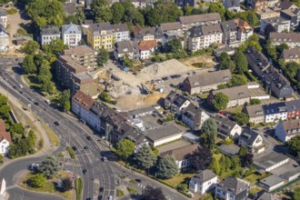 Aerial view, construction site new residential quarter Mörikestrasse, former fire station,