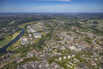 Aerial view, river Ruhr, city centre, old town, district Welper, industrial park and landscape park
