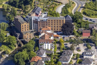 Aerial view, Hotel Birschel-Mühle, river Ruhr, lock, Hattingen, Ruhr area, North Rhine-Westphalia,