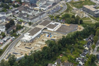 Aerial view, construction site new building at Hefelmann-Park, shopping centre, Westfalenstraße,