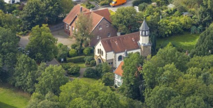 Aerial view, Chapel St. Jakobus Abtsküche, Museum Abtsküche, Heiligenhaus, Ruhr area, North