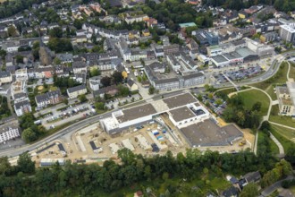 Aerial view, construction site new building at Hefelmann-Park, shopping centre, Westfalenstraße,