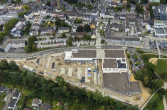 Aerial view, construction site new building at Hefelmann-Park, shopping centre, Westfalenstraße,