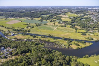 Aerial view, river Ruhr, lock canal, waterworks Stiepel, lock house, Stiepel, Bochum, Ruhr area,