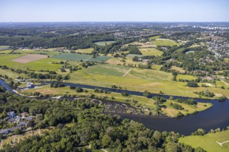 Aerial view, river Ruhr, lock canal, waterworks Stiepel, lock house, Stiepel, Bochum, Ruhr area,