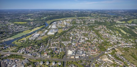 Aerial view, river Ruhr, city centre, old town, district Welper, industrial park and landscape park