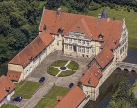 Aerial view, Havixbeck Castle, moated castle, Havixbeck, Münsterland, North Rhine-Westphalia,