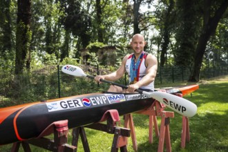 DEU Germany Germany Potsdam Ronald Rauhe poses for photos with his Olympic medals at the Olympic