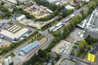 Aerial view, panoramic cycle path, R&M Car-Wash Centre, Westfalenstraße, Heiligenhaus, Ruhr area,