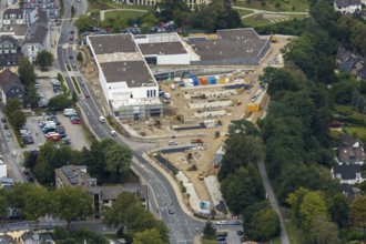 Aerial view, construction site new building at Hefelmann-Park, shopping centre, Westfalenstraße,