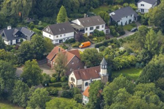 Aerial view, Chapel St. Jakobus Abtsküche, Museum Abtsküche, Heiligenhaus, Ruhr area, North