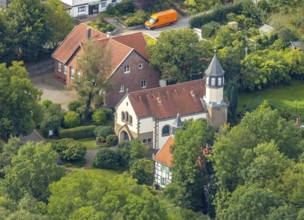Aerial view, Chapel St. Jakobus Abtsküche, Museum Abtsküche, Heiligenhaus, Ruhr area, North