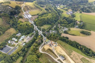 Aerial view, construction site, new construction bridge Angerbach, sewage treatment plant Angertal,