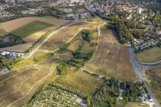 Aerial view, green area at Friedhofsallee, construction site new motorway A44, Ratinger Straße,