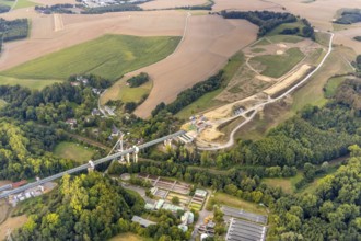 Aerial view, construction site, new construction bridge Angerbach, sewage treatment plant Angertal,