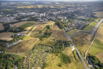 Aerial view, green area at Friedhofsallee, construction site new motorway A44, Ratinger Straße,