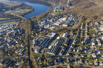 Aerial view, Ruhr river, Ruhr viaduct, commercial area, Dörkengroup, Herdecke, Ruhr area, North