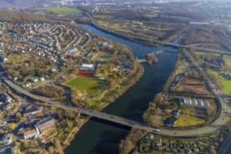 Aerial view, town view, river Ruhr, Ruhr bridge Herdecke, dam Stiftsmühle, Herdecke, Ruhr area,
