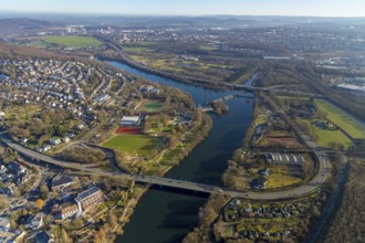Aerial view, town view, river Ruhr, Ruhr bridge Herdecke, dam Stiftsmühle, Herdecke, Ruhr area,