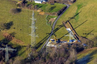 Aerial view, construction site In der Erdbrügge, new high-voltage pylons, In der Erdbrügge,