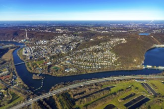 Aerial view, town view, Ruhr river, Ruhr viaduct, Stiftsmühle dam, Herdecke, Ruhr area, North