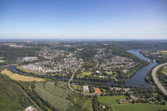 Aerial view, townscape, Quartier Ruhr-Aue Center, river Ruhr, Ruhr-Viaduct, dam Stiftsmühle, sports