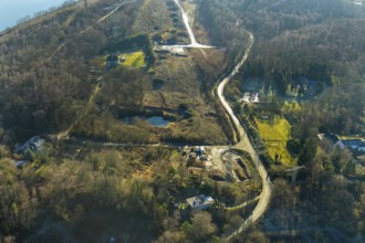 Aerial view, construction site Im Kleff, high-voltage road at the reservoir, end, Herdecke, Ruhr