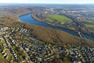 Aerial view, local view, river Ruhr, Hengsteysee, run-of-river power station Hengstey, Herdecke,