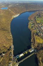 Aerial view, run-of-river power station Hengstey, river Ruhr, Hengsteysee, pumped storage power