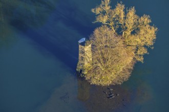 Aerial view, mouse tower on an island in the Hengsteysee, Hengstey, Herdecke, Ruhr area, North