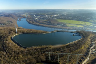 Aerial view, river Ruhr, pumped storage power station, Köpchenwerk, storage basin, Herdecke, Ruhr