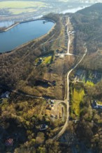 Aerial view, river Ruhr, reservoir, construction site Im Kleff, high voltage road at the reservoir,