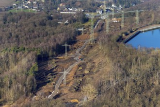 Aerial view, river Ruhr, reservoir, construction site Im Kleff, high voltage road at the reservoir,