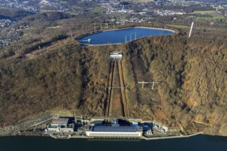 Aerial view, river Ruhr, pumped storage power station, Köpchenwerk, storage basin, Herdecke, Ruhr