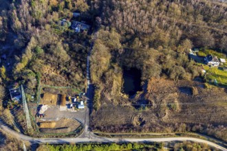 Aerial view, construction site Im Kleff, high-voltage road at the reservoir, end, Herdecke, Ruhr