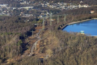 Aerial view, river Ruhr, reservoir, construction site Im Kleff, high voltage road at the reservoir,