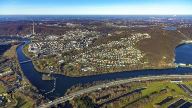 Aerial view, town view, Ruhr river, Ruhr viaduct, Stiftsmühle dam, Herdecke, Ruhr area, North