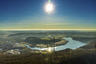 Aerial view, landscape panorama, Harkortsee, river Ruhr, view to Hagen-Vorhalle, Herdecke, Ruhr