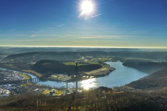 Aerial view, landscape panorama, Harkortsee, river Ruhr, view to Hagen-Vorhalle, Herdecke, Ruhr