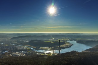 Aerial view, landscape panorama, Harkortsee, river Ruhr, view to Hagen-Vorhalle, Herdecke, Ruhr