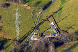 Aerial view, construction site In der Erdbrügge, new high-voltage pylons, In der Erdbrügge,