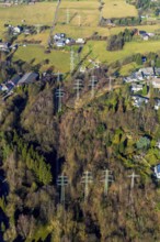 Aerial view, forest area with new high-voltage pylons, In der Erdbrügge, Herdecke, Ruhr area, North