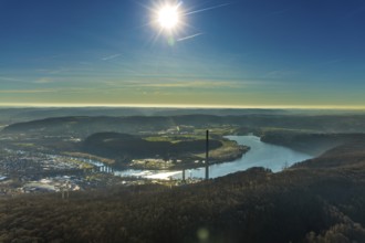 Aerial view, landscape panorama, Harkortsee, river Ruhr, view to Hagen-Vorhalle, Herdecke, Ruhr